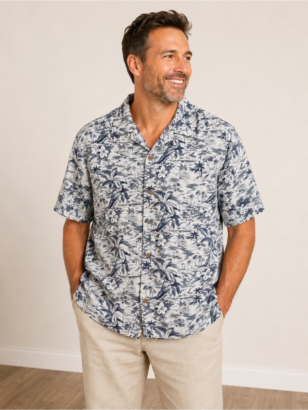 Caribbean Roundtree & Yorke‎ Mens Large Tropical Palm Tree Hawaiian Button Up